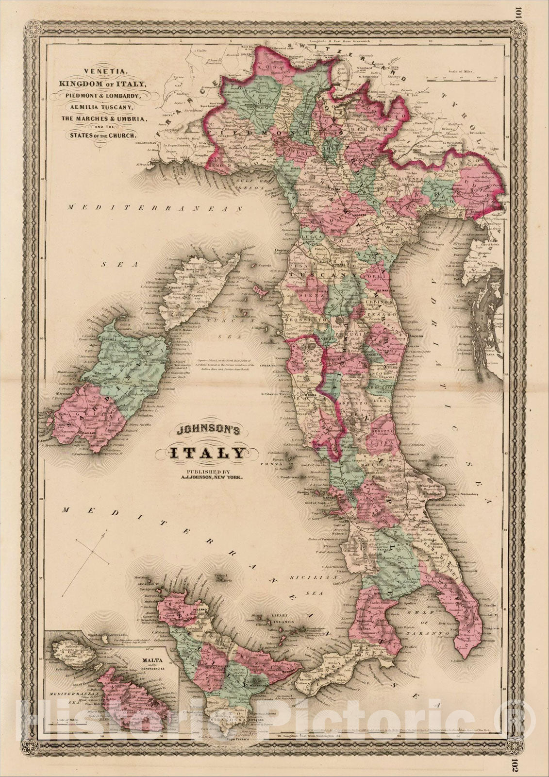 Historic Map : Johnson's Italy. Venetia, Kingdom of Italy, Piedmont and Lombardy, Aemilia Tuscany, the Marches & Umbria, and the States of the Church, 1870, Vintage Wall Art