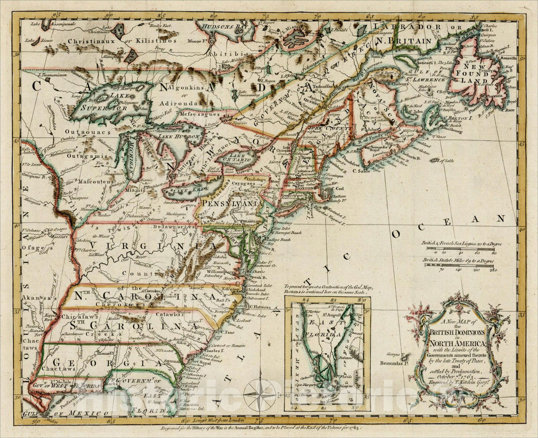 Historic Map : New Map of the British Dominions in North America, 1763, Thomas Kitchin, Vintage Wall Art