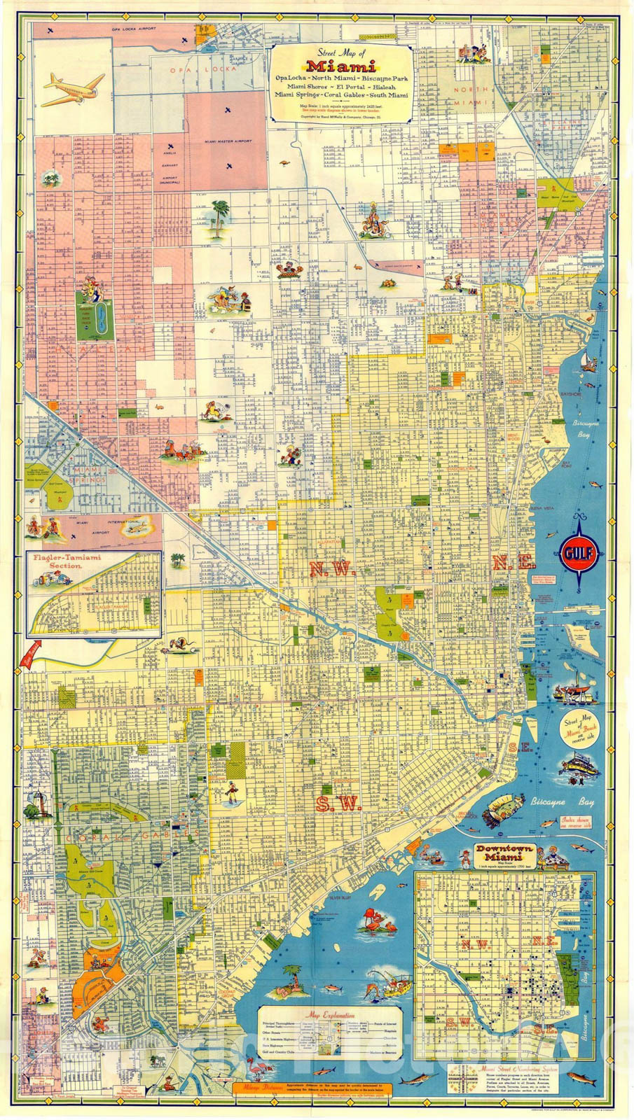 Historic Map : Street Map of Miami - North Miami - Biscayne Bark -- El Portal - Hialeah - Miami Springs - Coral Gables - South Miami, c1950, Vintage Wall Art