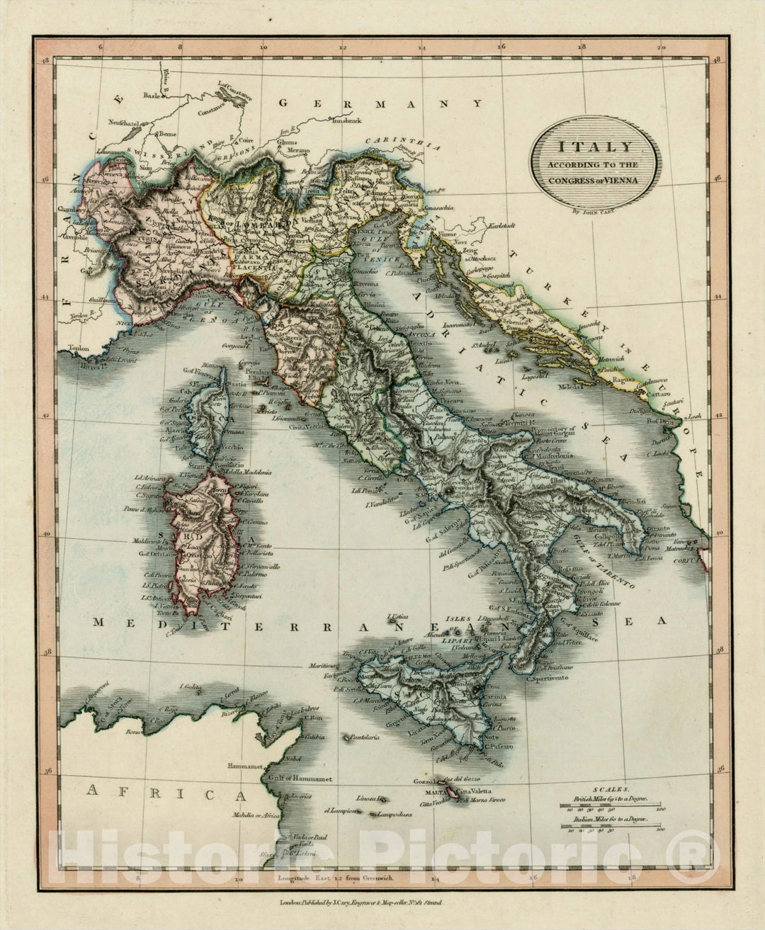 Historic Map : Italy According To The Congress of Vienna, 1816, John Cary, Vintage Wall Art