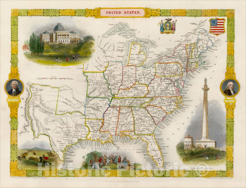 Historic Map : United States Including Texas, 1848, John Tallis, v3, Vintage Wall Art