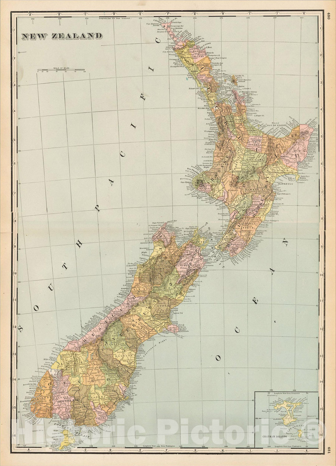 Historic Map : New Zealand, c1895, George F. Cram, Vintage Wall Art