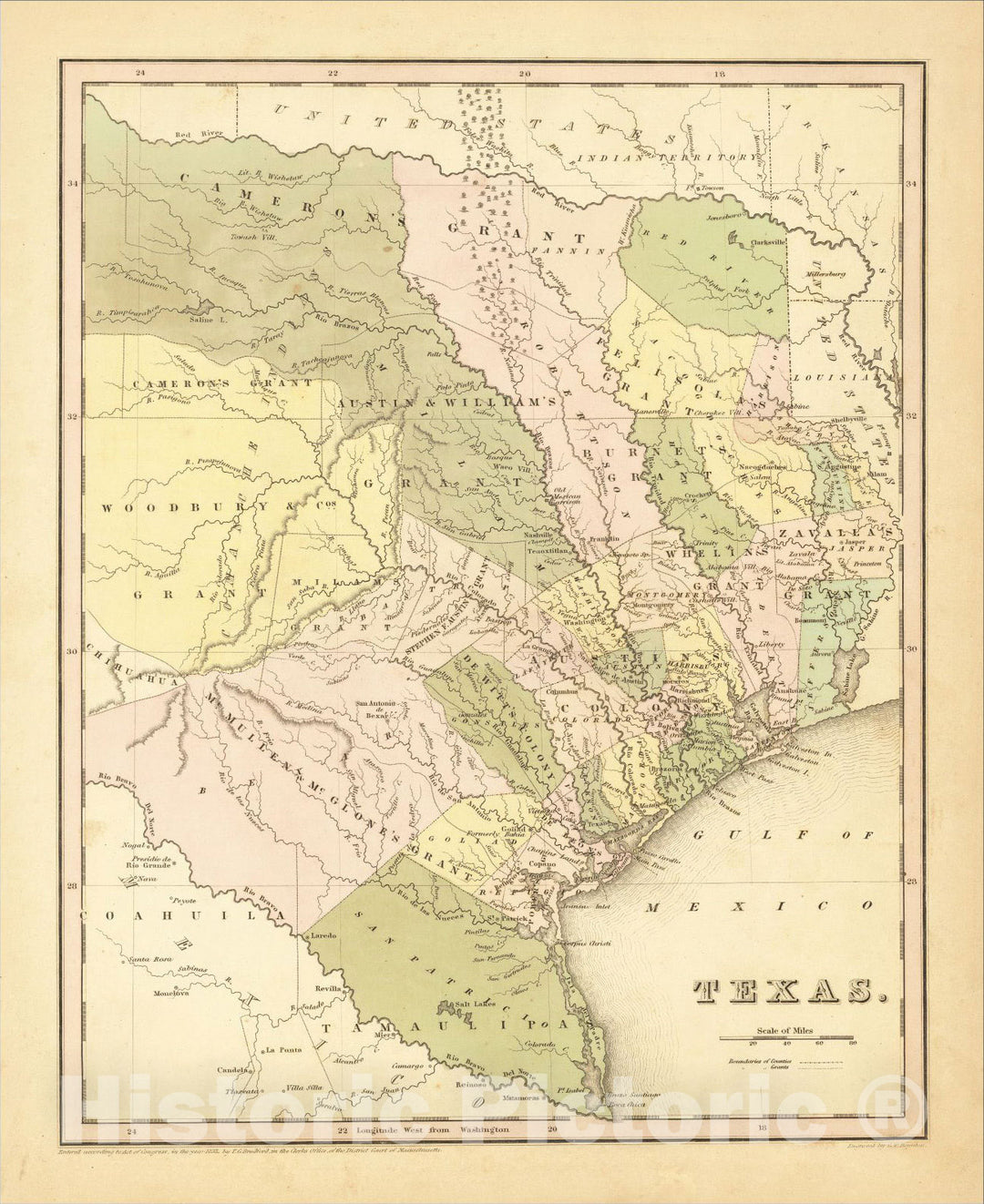 Historic Map : Texas [Republic of Texas], 1838, Thomas Gamaliel Bradford, Vintage Wall Art