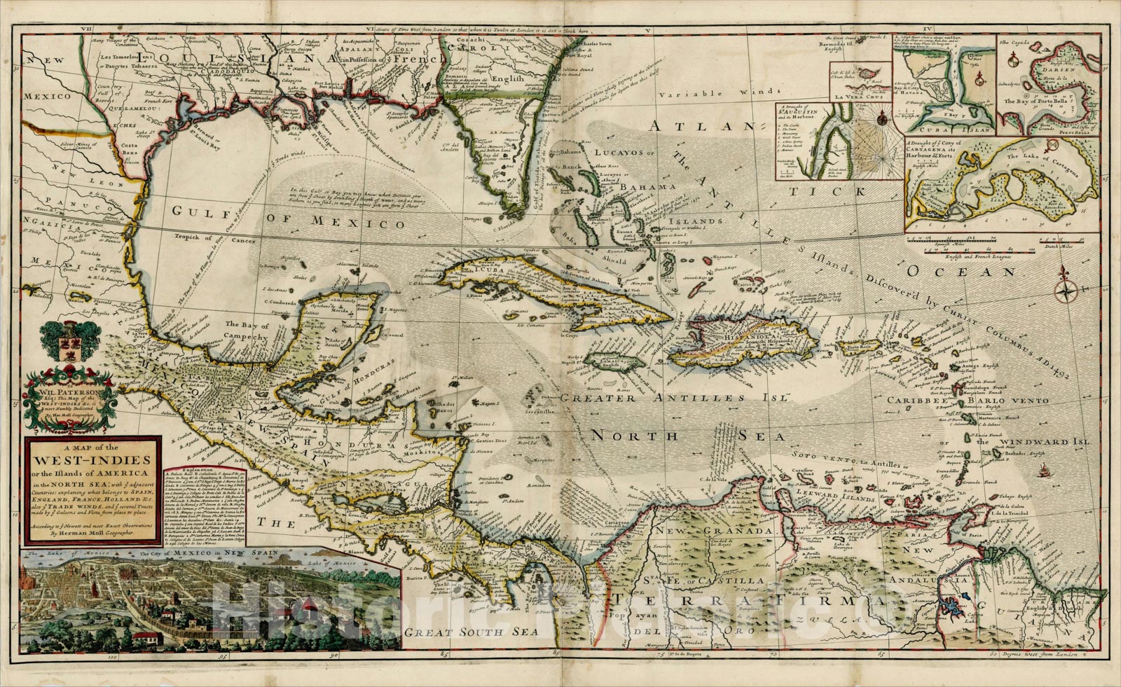 Historic Map : West-Indies in the North Sea; with ye adjacent Countries; explaining what belongs to Spain, England, France, Holland, 1715, Vintage Wall Art