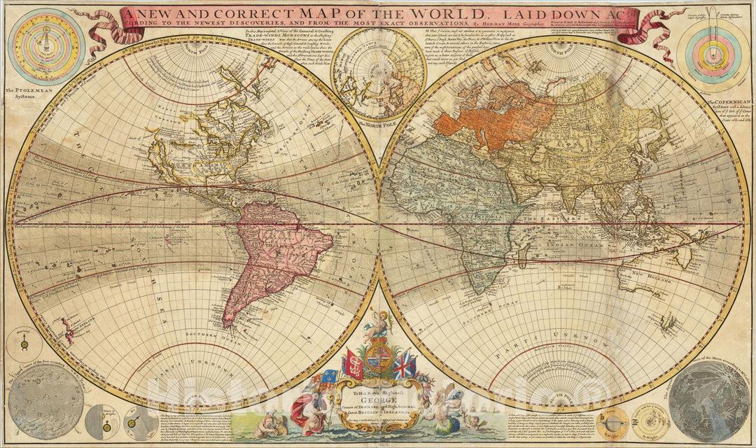 Historic Map : A New and Correct Map of the World Laid Down According to the Newest Discoveries, and from the Most Exact Observations, c1715, Herman Moll, v2, Vintage Wall Art