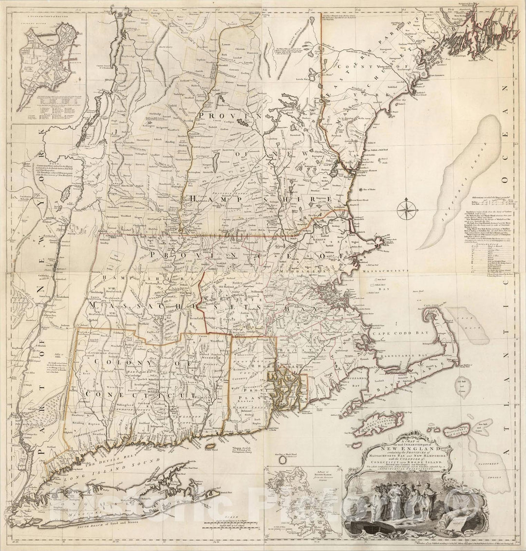 Historic Map : A Map Of The Most Inhabited Part Of New England Containing The Provinces Of Massachusets Bay and New Hampshire, 1762, Thomas Jefferys, Vintage Wall Art