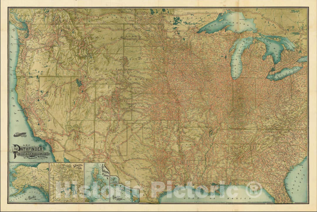 Historic Map : The Pathfinder Railway Guide Map. Western Section [Alaska, Yellowstone Park, Philippines, Hawaii, Guam], 1902, Vintage Wall Art