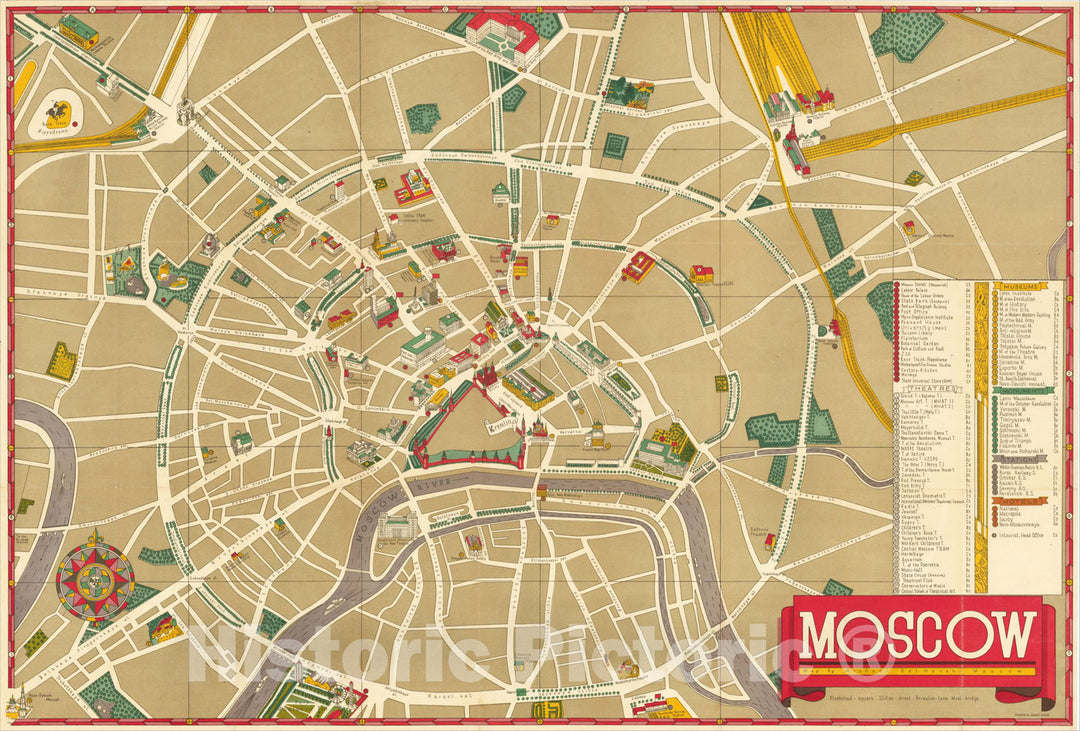 Historic Map : [Pictographic Map of Moscow] Moscou., 1955, Mikhail Getmanski, Vintage Wall Art