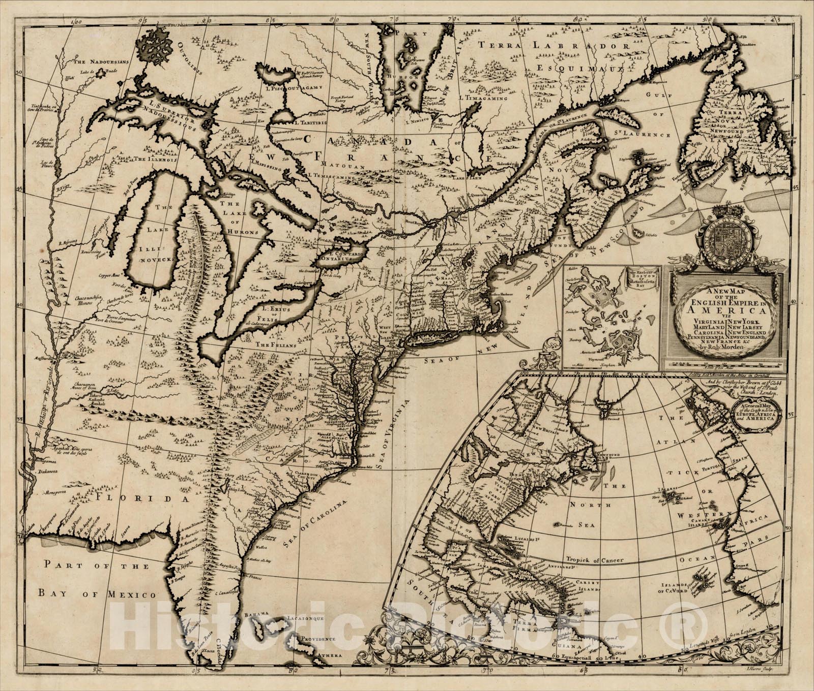 Historic Map : English Empire in America, viz Virginia, Maryland, Carolina, Pennsylvania, New York, New Iarsey, New England, Newfoundland, New France, 1695, Vintage Wall Art