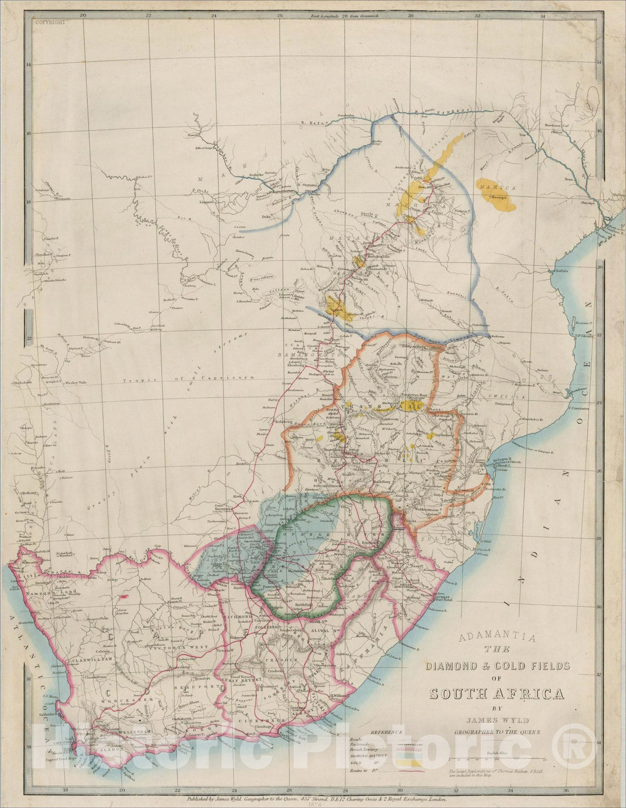 Historic Map : Adamantia The Diamond Gold Fields of South Africa by James Wyld Geographer to the Queen, 1874, James Wyld, Vintage Wall Art