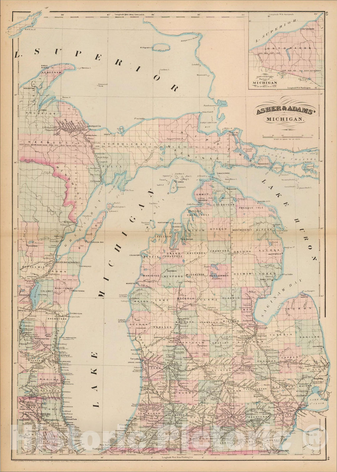 Historic Map : Asher & Adams' Michigan, 1874, Asher, v2, Vintage Wall Art