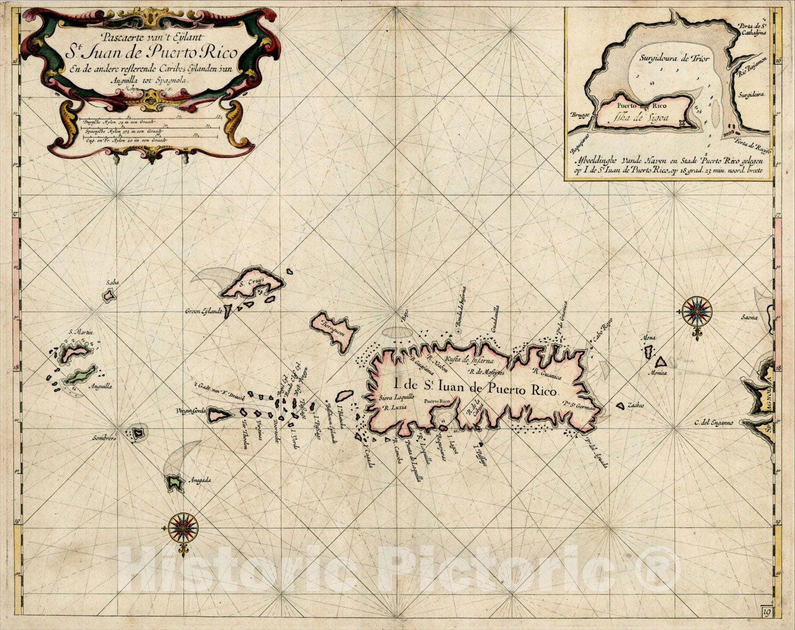 Historic Map : Pascaerte van't Eylant St. Juan de Puerto Rico en de andere resterend Caribes Eylanden van Anguilla tot Spagnoal Robijn ex., c1675, Vintage Wall Art