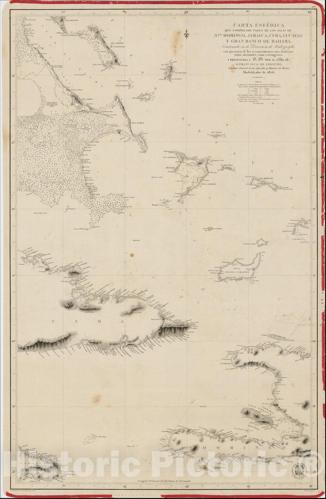 Historic Map : Carta Esferica que comprende parte de las Islas de S.to Domingo, Jamaica, Cuba, Lucayas Y Gran Banco de Bahama. 1856, 1856, Vintage Wall Art