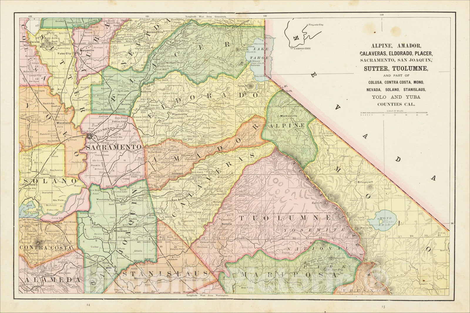 Historic Map : Alpine, Amador, Calaveras, El Dorado, Placer, Sacramento, San Joaquin, 1892, Rand McNally & Company, Vintage Wall Art