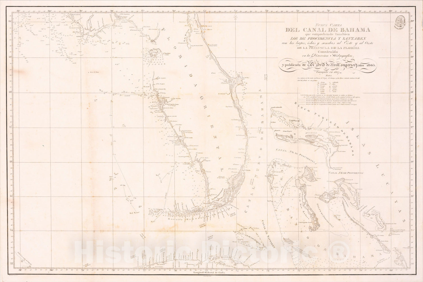 Historic Map : Nueva Carta Del Canal De Bahama que comprehende tambien Los Providencia, 1807, Direccion Hidrografica de Madrid, v2, Vintage Wall Art