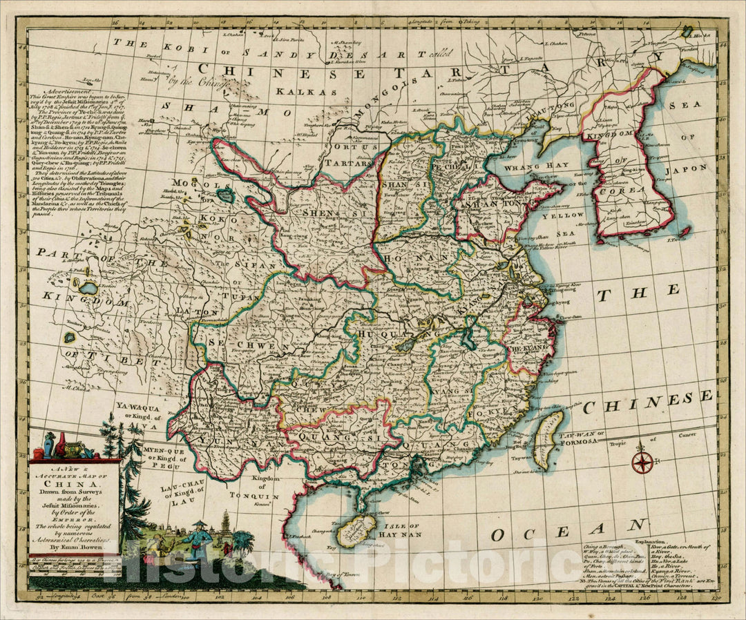 Historic Map : A New & Accurate Map of China, Drawn from Surveys made by the Jesuit Missionaries , 1744, Emanuel Bowen, Vintage Wall Art