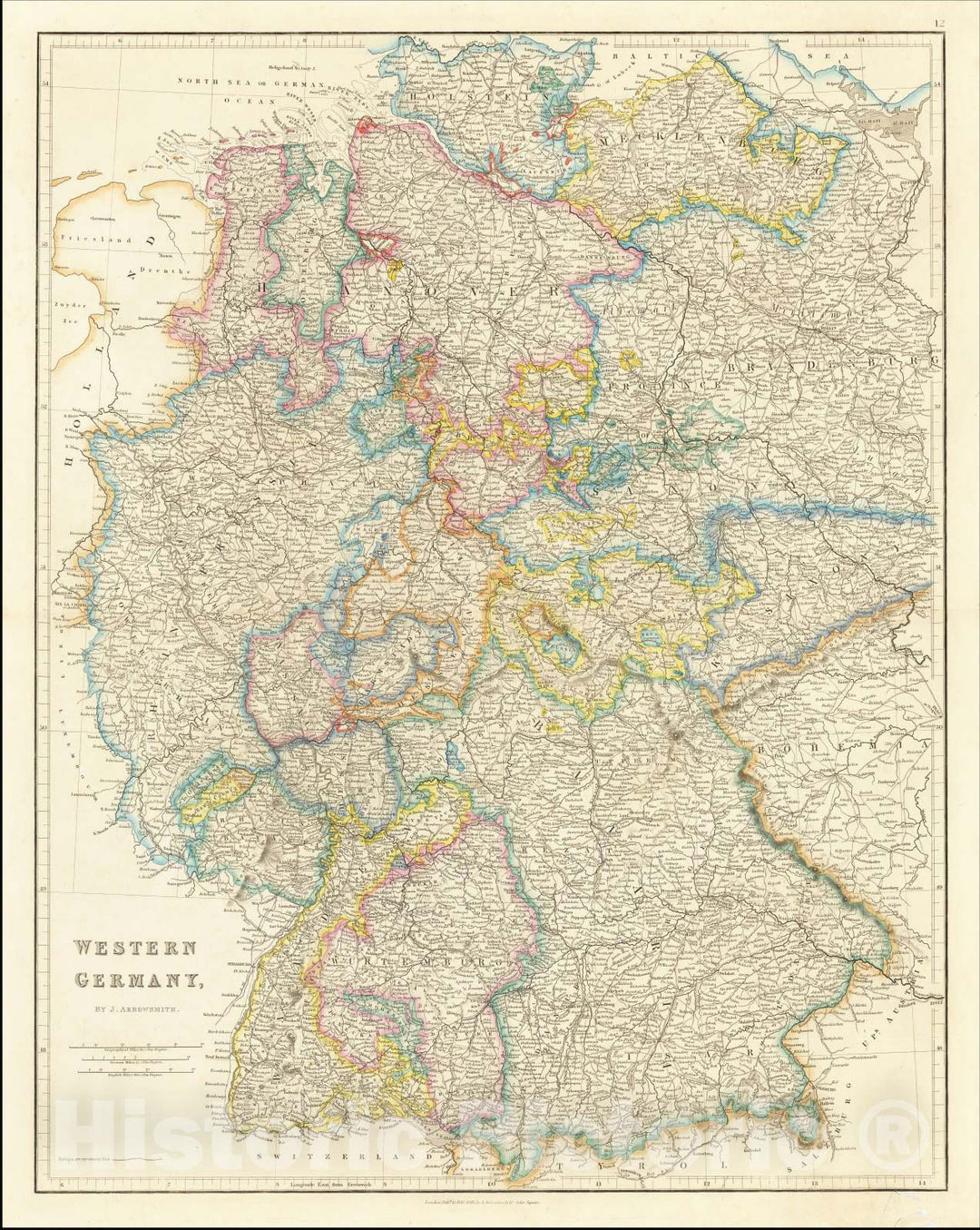 Historic Map : Western Germany, 1858, John Arrowsmith, Vintage Wall Art