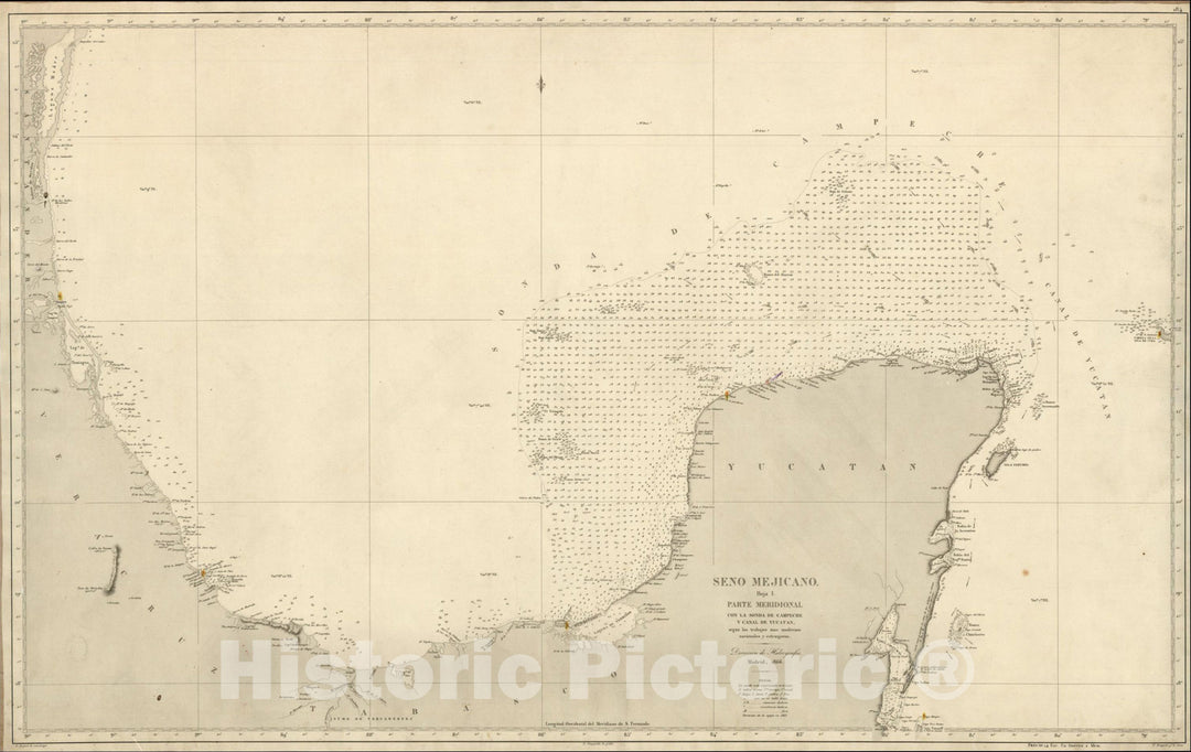 Historic Map : Seno Mejicano Hoja I. Parte Meridional con la Sonda de Campeche y Canal de Yucatan, 1866, Direccion Hidrografica de Madrid, Vintage Wall Art