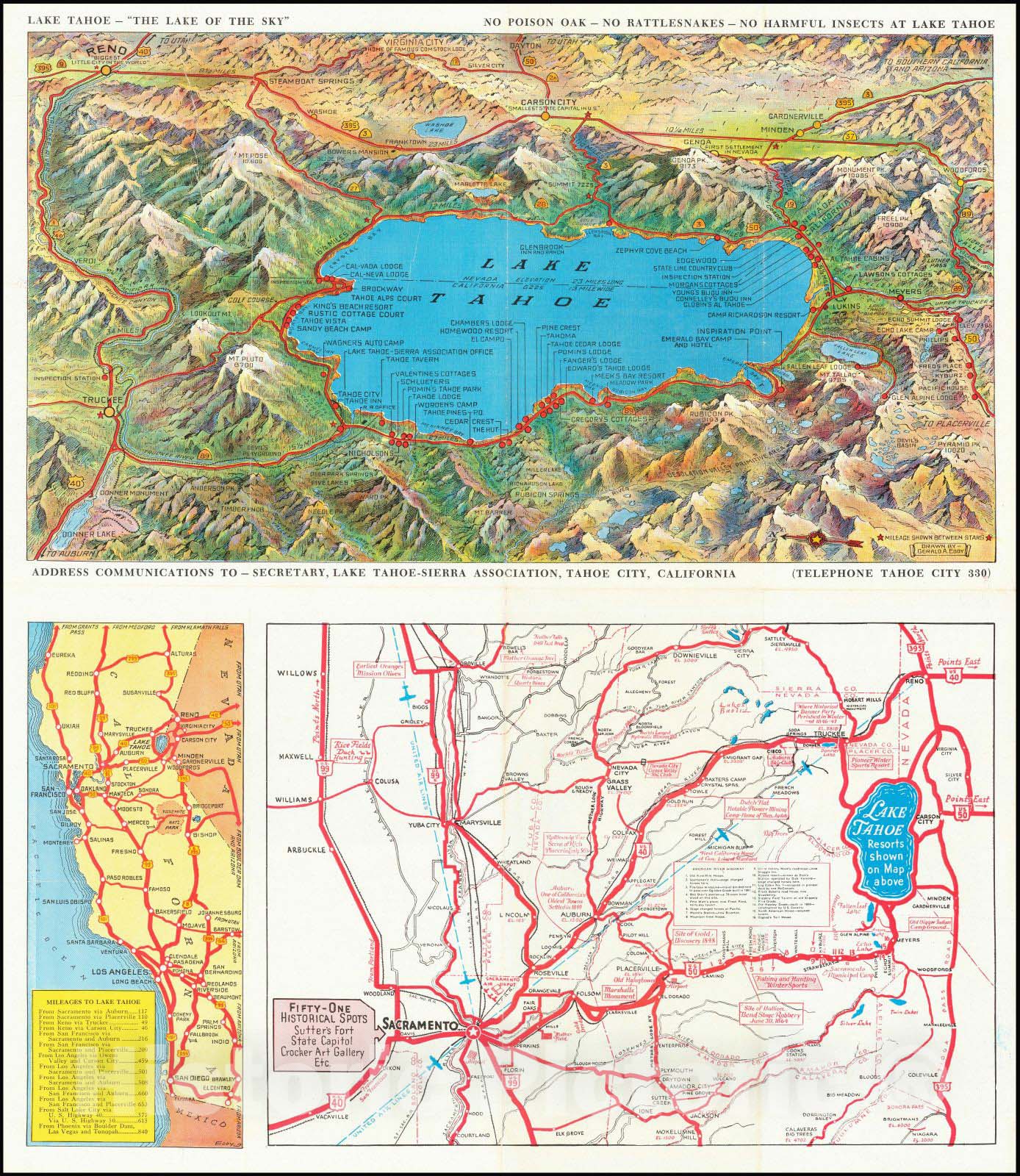 Historic Map : Lake Tahoe - The Lake of the Sky, 1945, Gerald A. Eddy, Vintage Wall Art