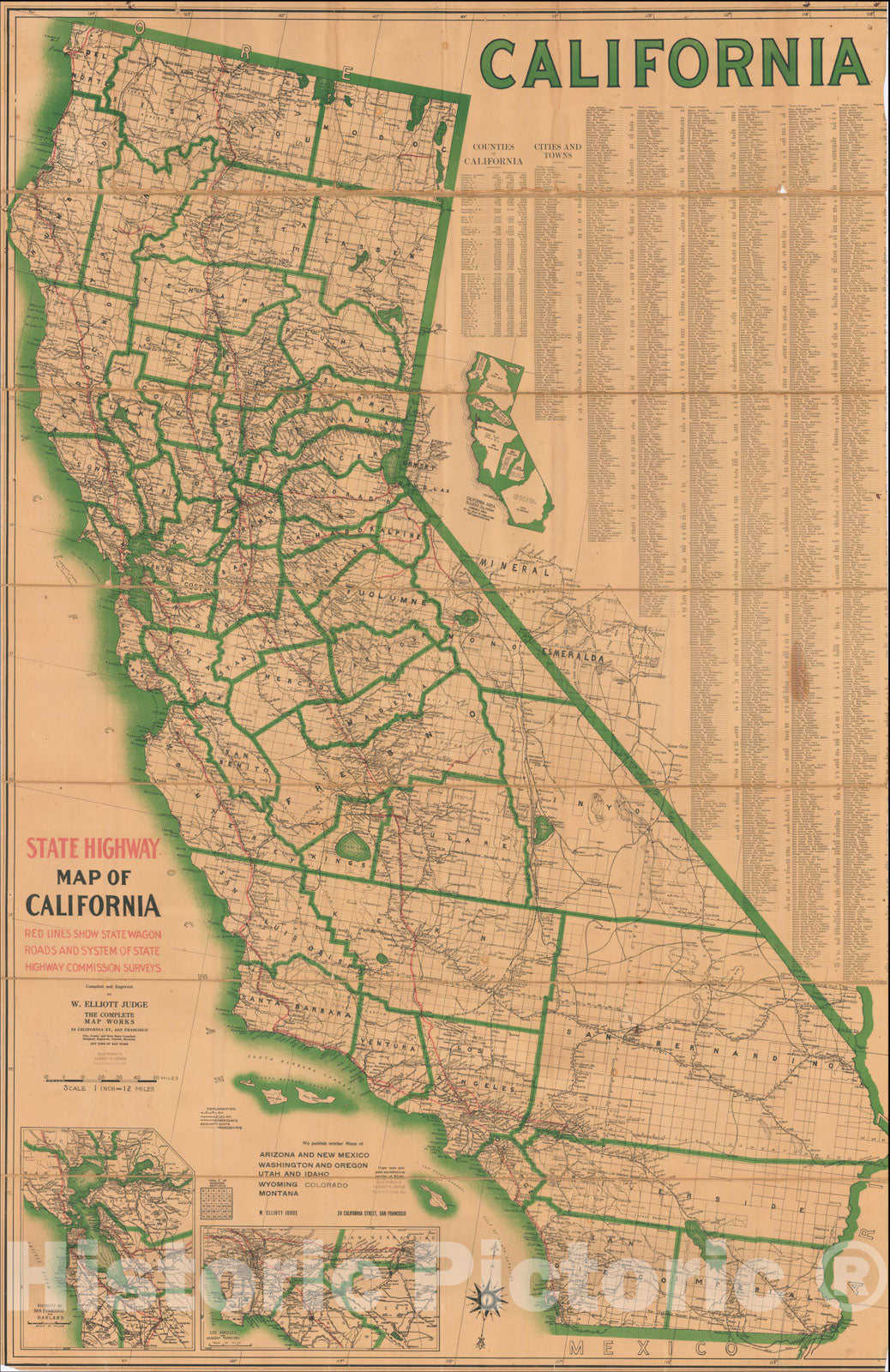 Historic Map : State Highway Map of California Red Lines Show State Wagon Roads and System of State Highway Commission Surveys, 1913, W. Elliott Judge, Vintage Wall Art