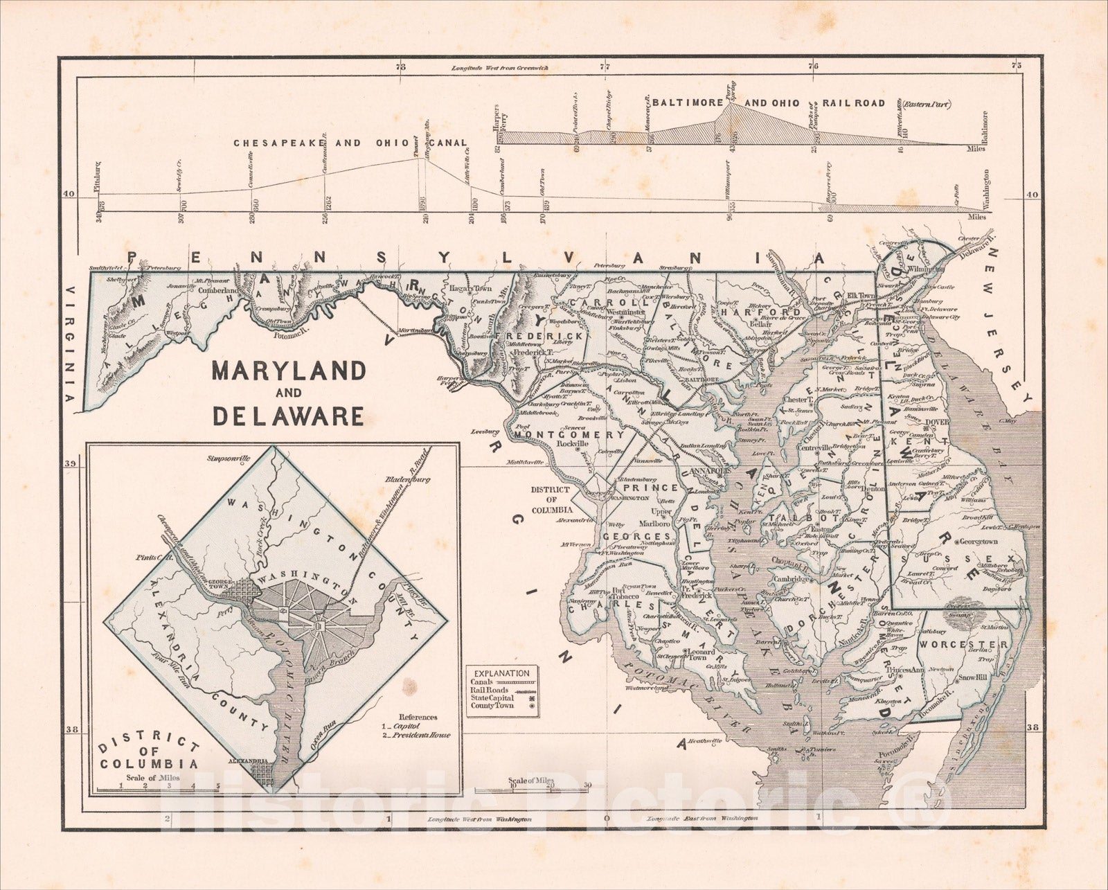 Historic Map : Maryland and Delaware [with Inset of the District of Columbia], 1844, Sidney Morse, Vintage Wall Art