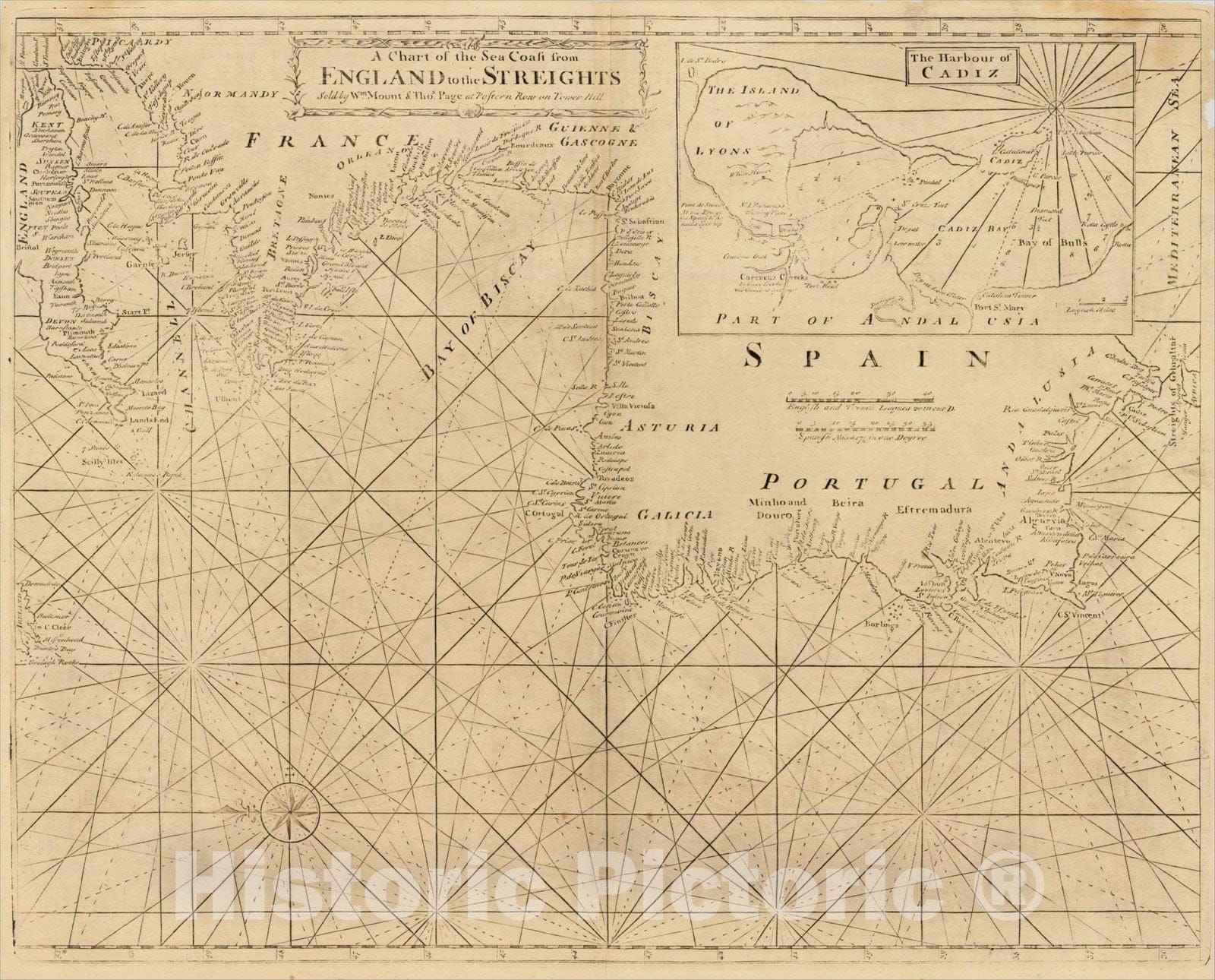 Historic Map : A Chart of the Sea Coast from England to the Streights (Cadiz inset), c1740, Mount & Page, Vintage Wall Art