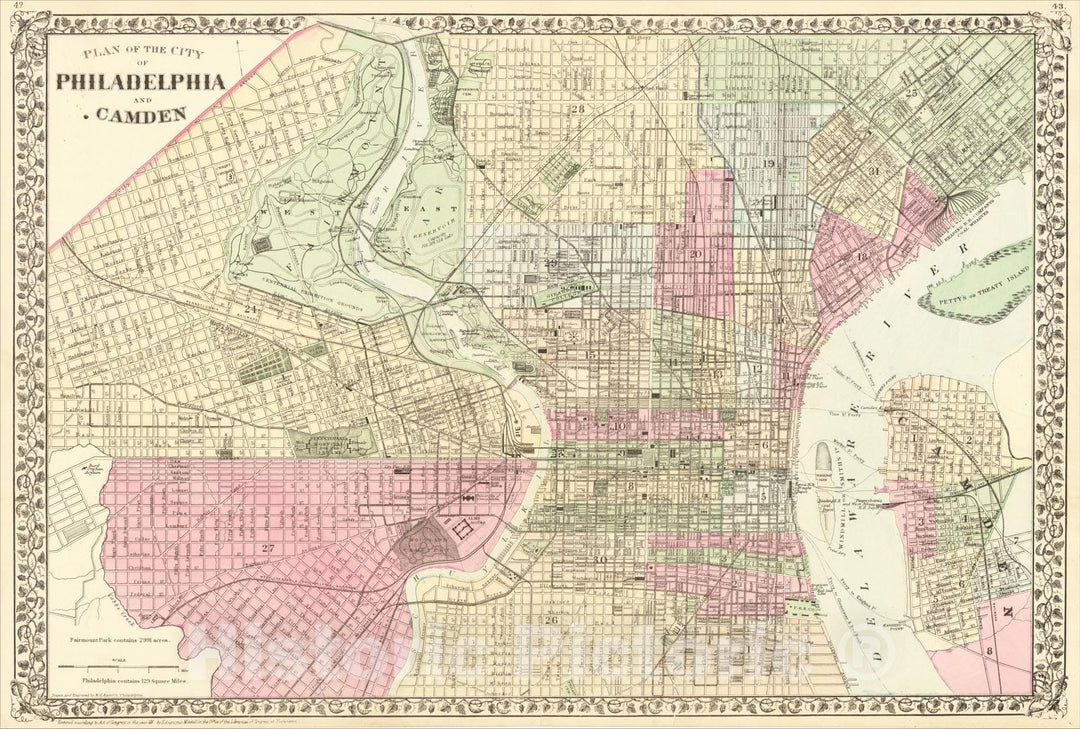 Historic Map : Plan of the City of Philadelphia and Camden, 1882, Samuel Augustus Mitchell Jr., Vintage Wall Art