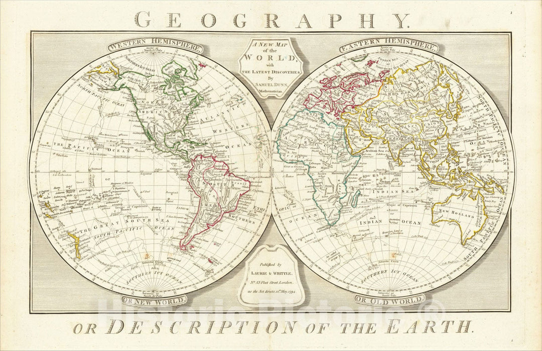 Historic Map : A New Map of the World, with The Latest Discoveries. By Samuel Dunn, Mathematician., 1794, 1794, Samuel Dunn, Vintage Wall Art