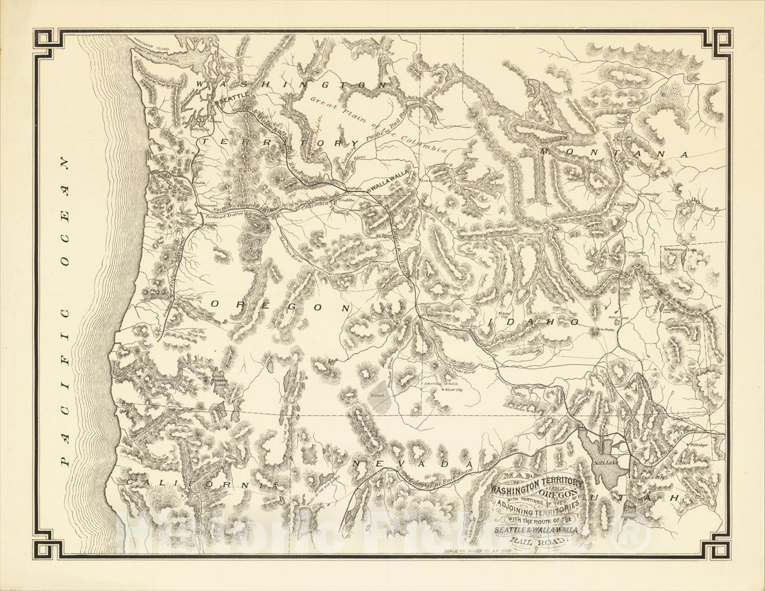 Historic Map : Map of Washington Territory and Oregon with portions of adjoining Territories with the Route of the Seattle & Walla Walla Rail Road, 1875, v2, Vintage Wall Art