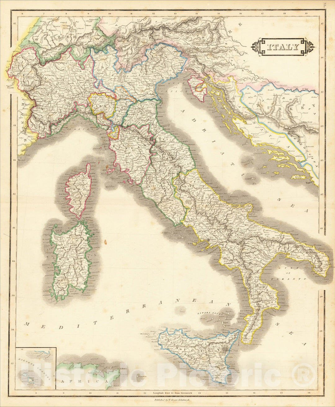 Historic Map : Italy (with Sicily, Malta, Corsica and Sardinia), 1828, William Home Lizars, Vintage Wall Art