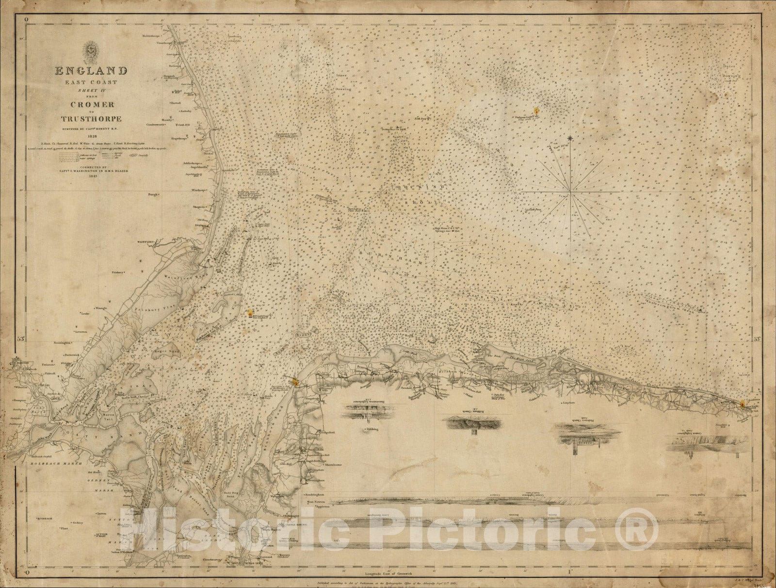 Historic Map : England East Coast Sheet IV From Cromer To Trusthorpe Surveyed By Captn. Hewett R.N., 1828, , Vintage Wall Art