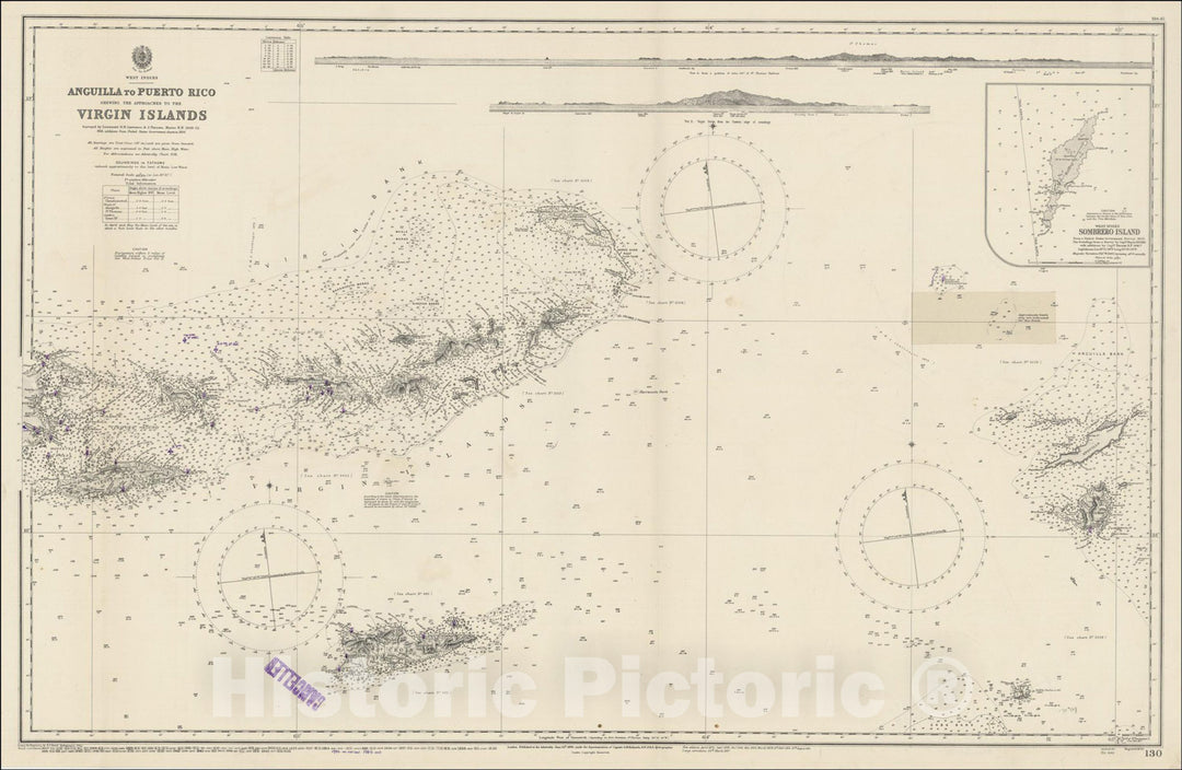 Historic Map : Anguilla to Puerto Rico Shewing The Approaches ToThe Virgin Islands, 1927, British Admiralty, Vintage Wall Art