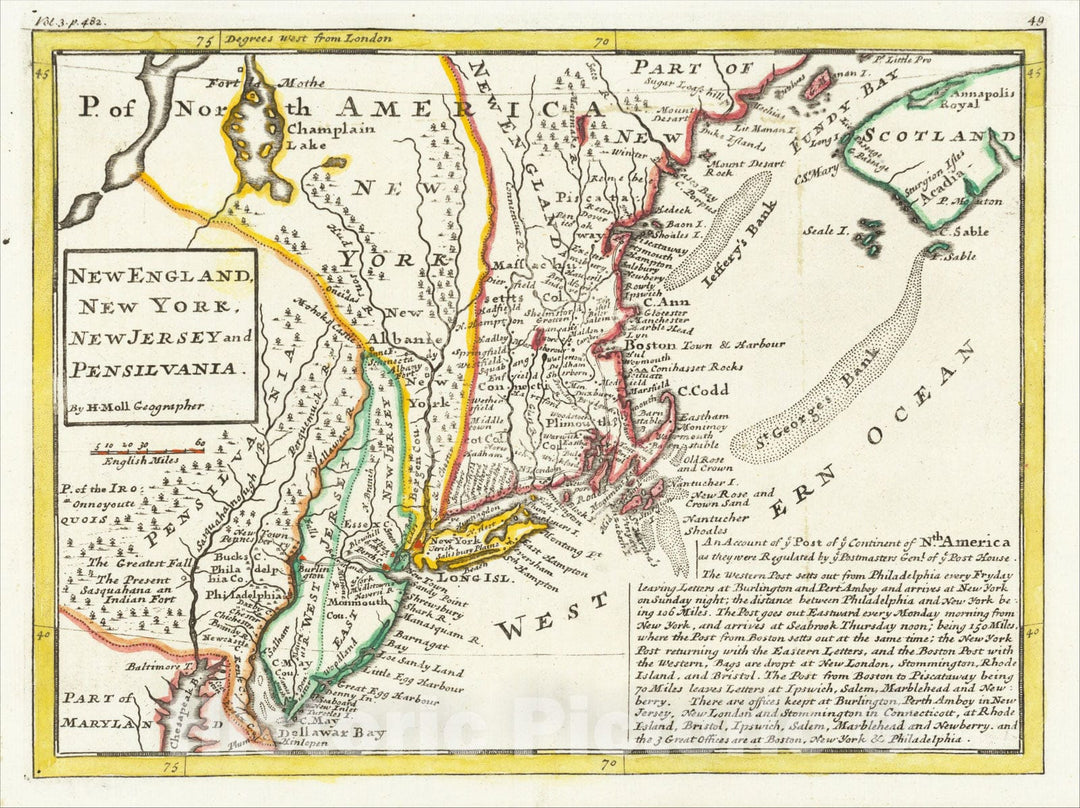 Historic Map : (First American post road map) New England, New York, New Jersey and Pensilvania, 1729, Herman Moll, Vintage Wall Art