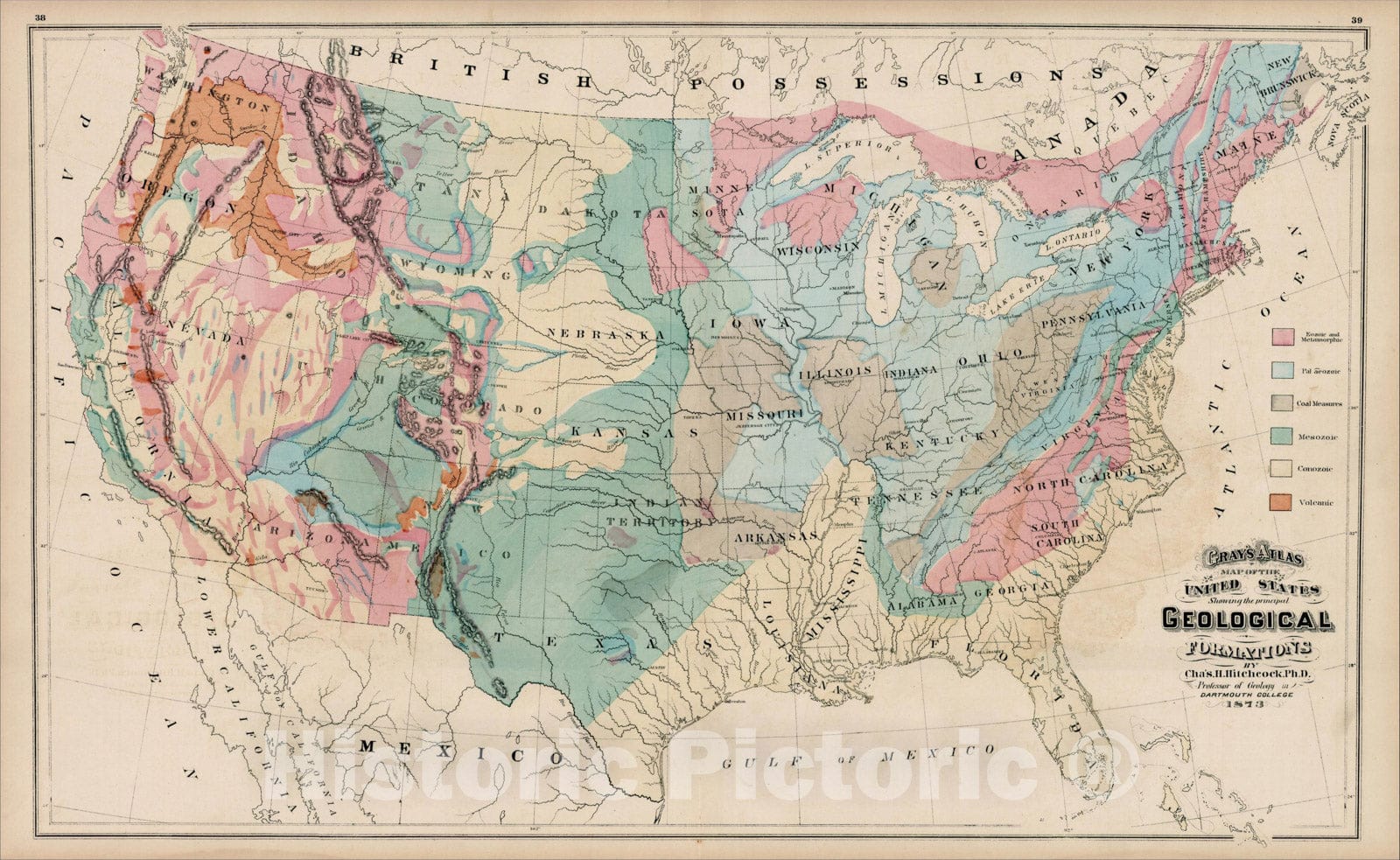 Historic Map : Gray's Map of the United States Showing the Principal Geological Formations, 1873, O.W. Gray & Son, Vintage Wall Art