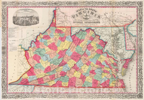 Historic Map : Map of the State of Virginia Containing The Counties, Principal Towns, Railroads, Rivers, Canals, 1858, Ludwig von Bucholtz , Vintage Wall Art