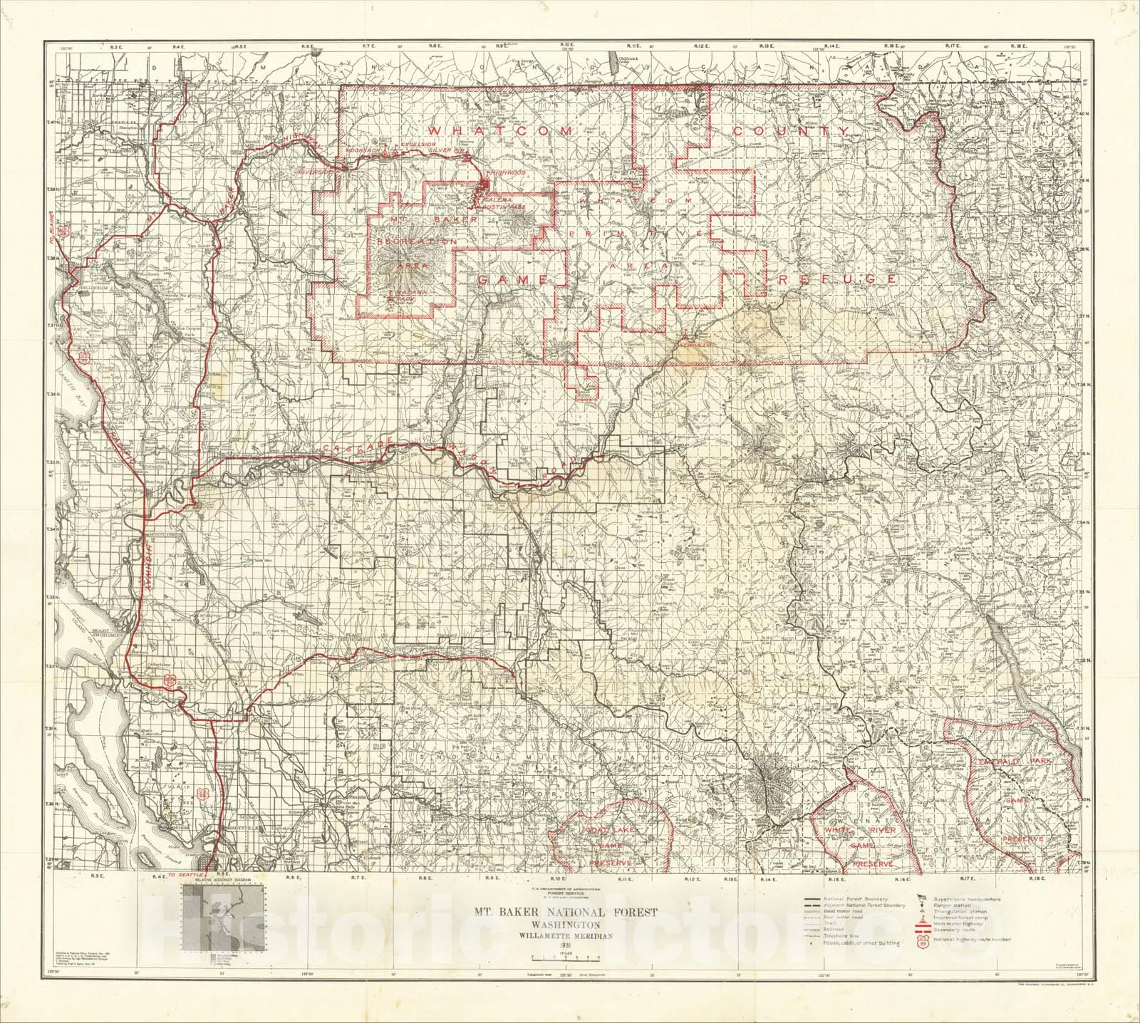 Historic Map : Mt. Baker National Forest Washington Willamette Meridian 1931, 1931, U.S. Department of Agriculture, Vintage Wall Art