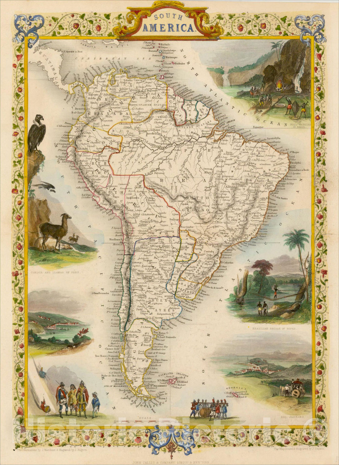 Historic Map : South America, 1851, John Tallis, v4, Vintage Wall Art