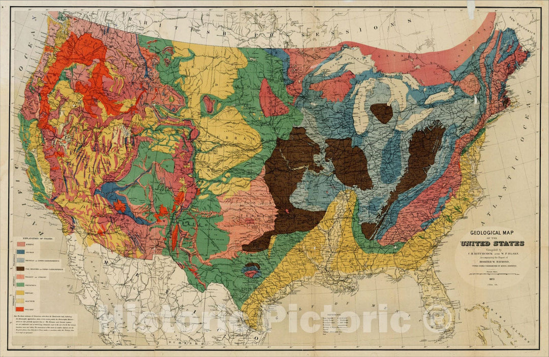 Historic Map : Geological Map of the United States Compiled by C. H. Hitchcock and W.P. Blake, 1873, 1873, , Vintage Wall Art