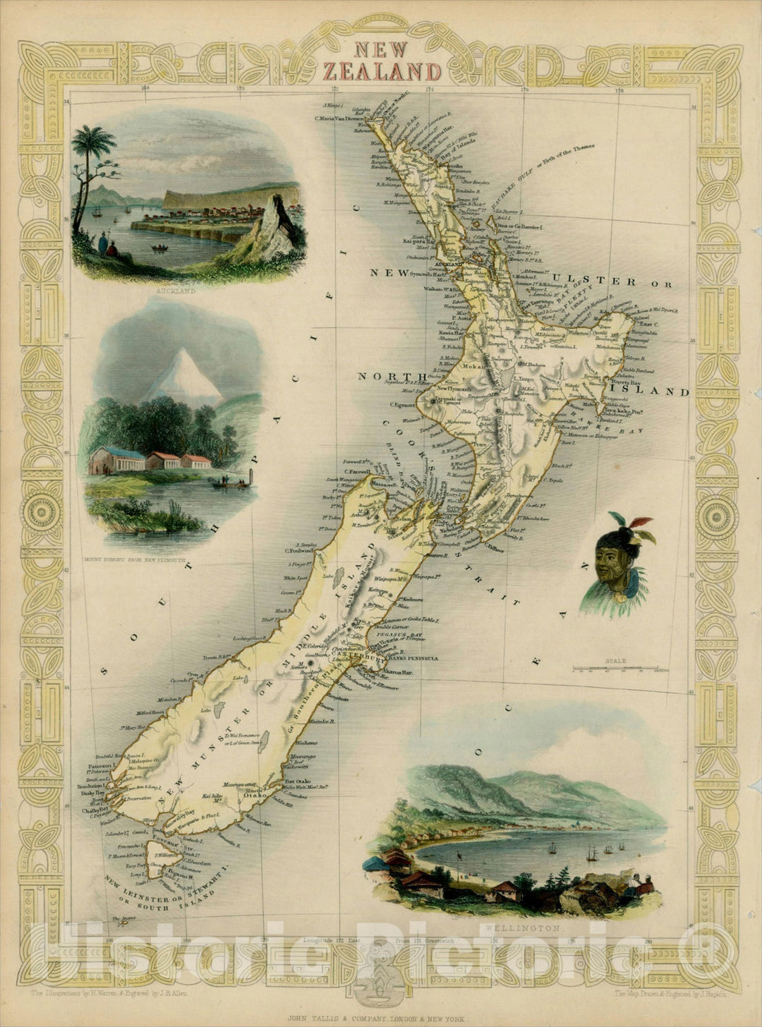 Historic Map : New Zealand, 1851, John Tallis, v3, Vintage Wall Art