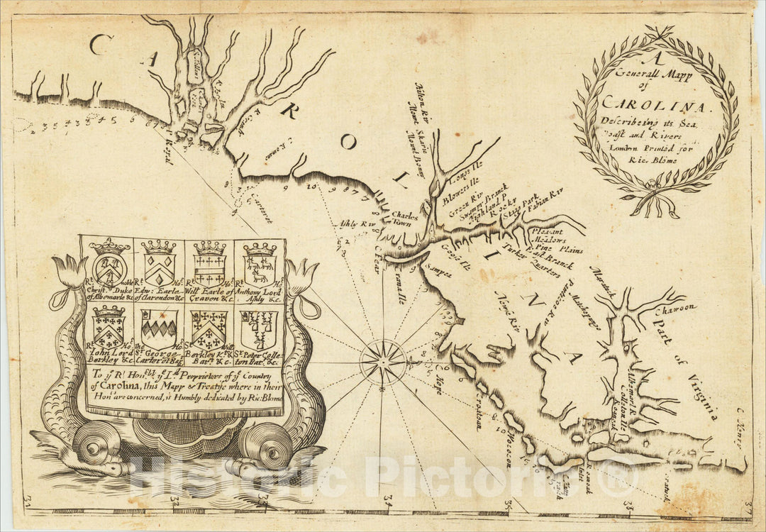 Historic Map : A General Mapp of Carolina Describeing its Sea Coast and Rivers. London Printed for Ric. Blome, 1672, , Vintage Wall Art