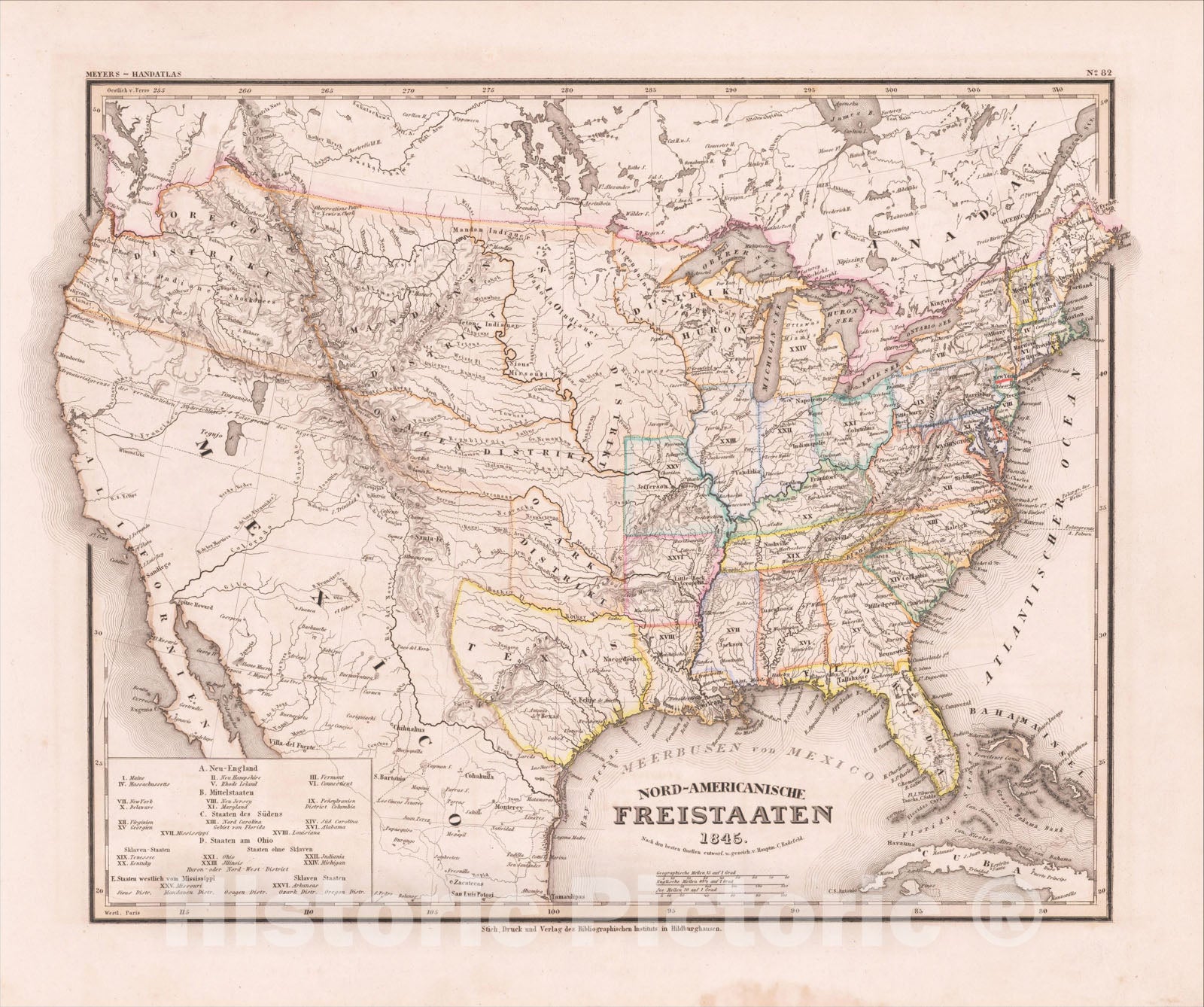 Historic Map : Nord-Americanische Freistaaten 1845 (Republic of Texas), 1845, Joseph Meyer, Vintage Wall Art