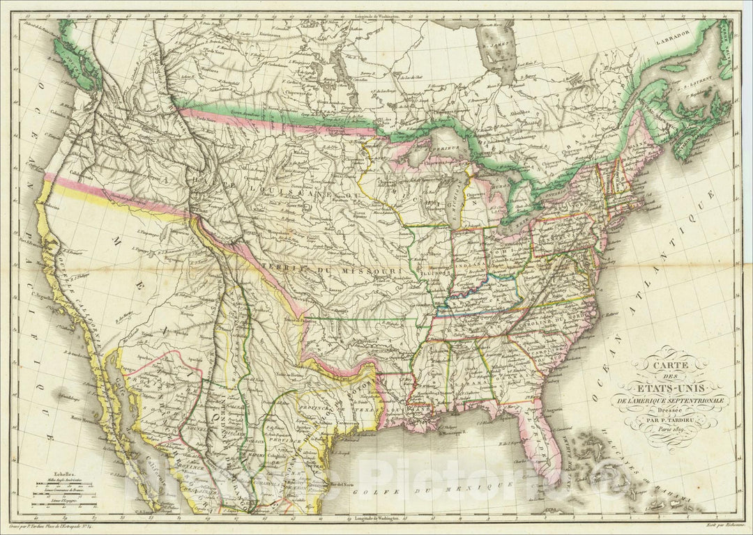 Historic Map : Carte des Etats-Unis de L'Amerique Septentrionale Dressee Par. P. Tardieu. Paris 1819, 1819, Pierre Alexandre Tardieu, Vintage Wall Art