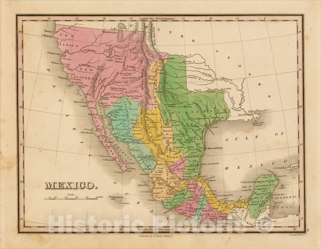 Historic Map : Mexico [including Texas & Upper California], 1824, Anthony Finley, v1, Vintage Wall Art