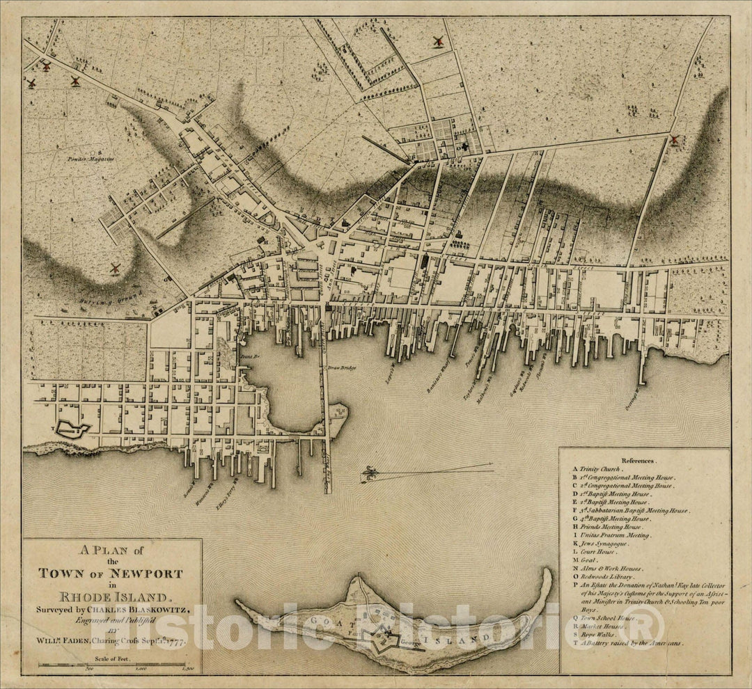 Historic Map : A Plan of the Town of Newport in Rhode Island. Surveyed by Charles Blaskowitz, Engraved and Publish'd by Willm. Faden, Sept 1, 1777, 1777, , Vintage Wall Art