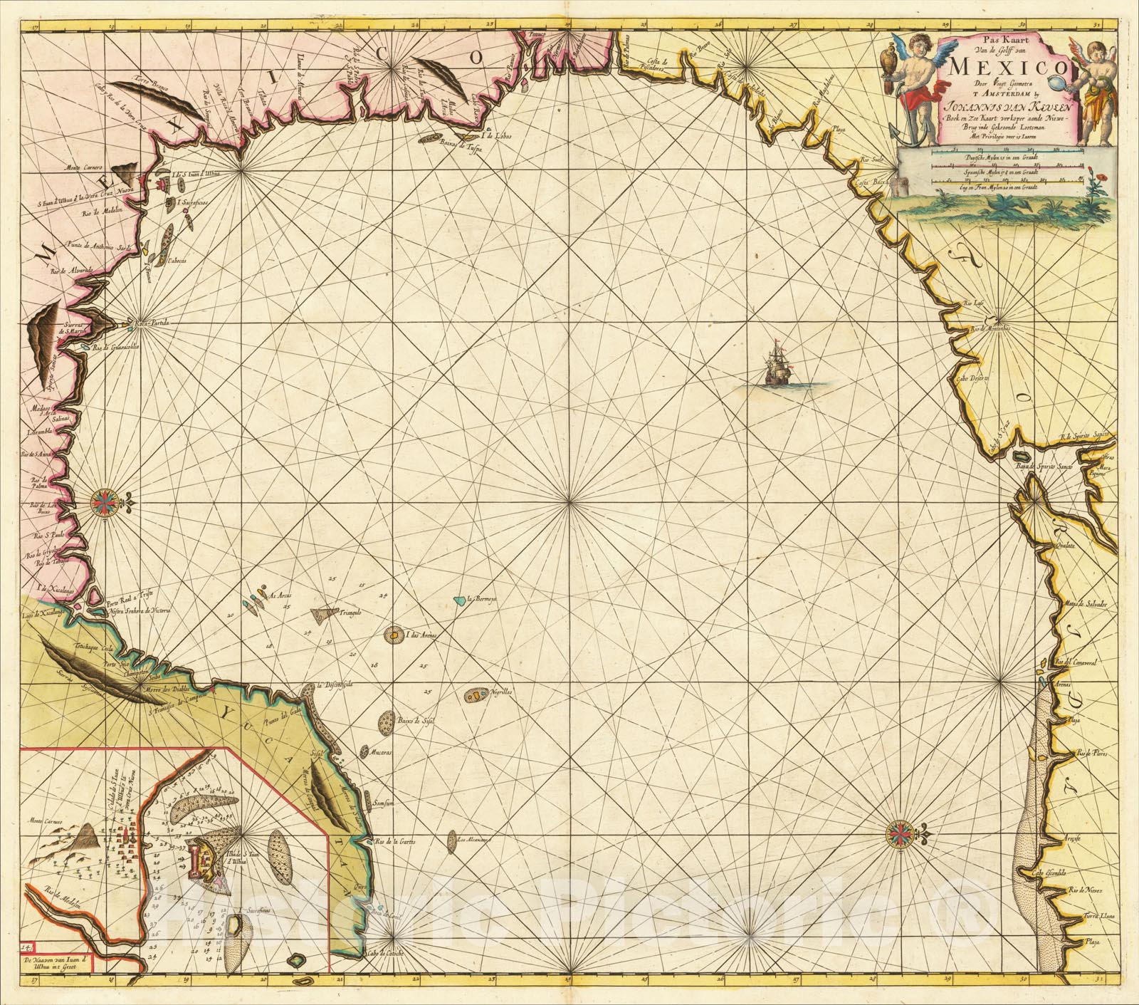 Historic Map : [Florida Panhandle to Yucatan] Pas-Kaart Van de Golff van Mexico, 1684, Gerard Van Keulen, Vintage Wall Art