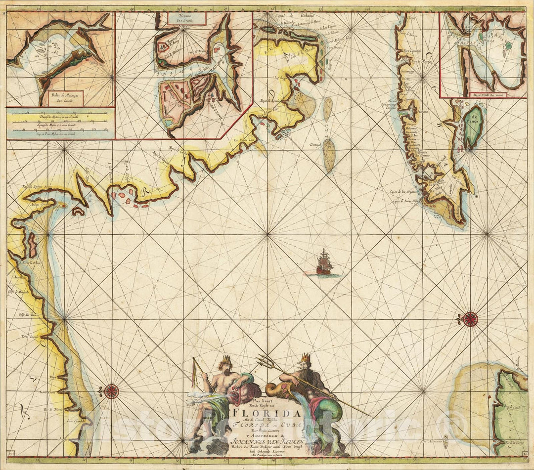 Historic Map : Pas Kaart Van De Boght van Florida Met de Canaal Tusschen Florida en Cuba Door Vooght Geometra , 1684, Johannes Van Keulen, Vintage Wall Art