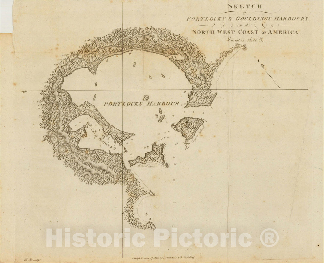 Historic Map : Sketch of Portlock's & Goulding's Harbour's, on the North West Coast of America, 1789, John Stockdale, Vintage Wall Art