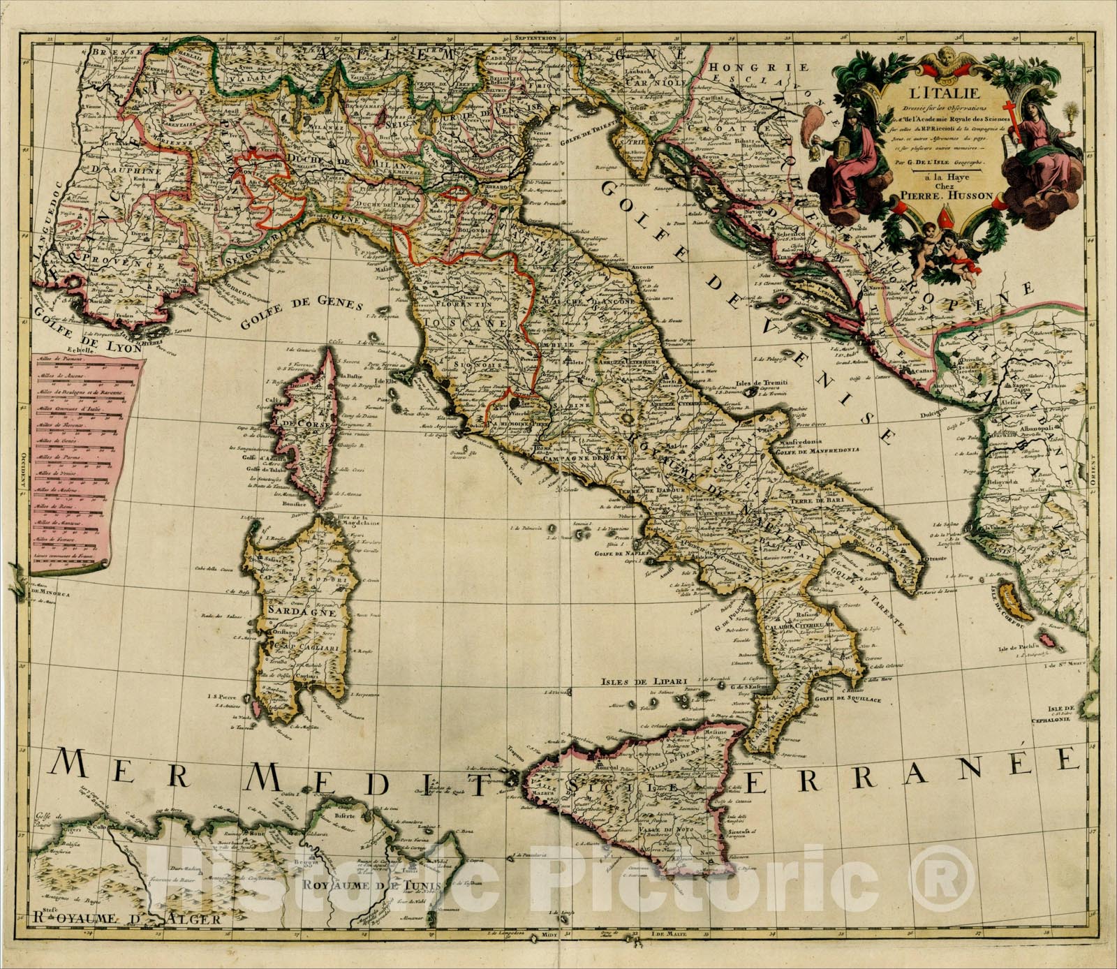 Historic Map : L'Italie Dressee sur les Observations, (includes Sicily, Sardinia & Corsica), 1706, Pierre Husson, Vintage Wall Art