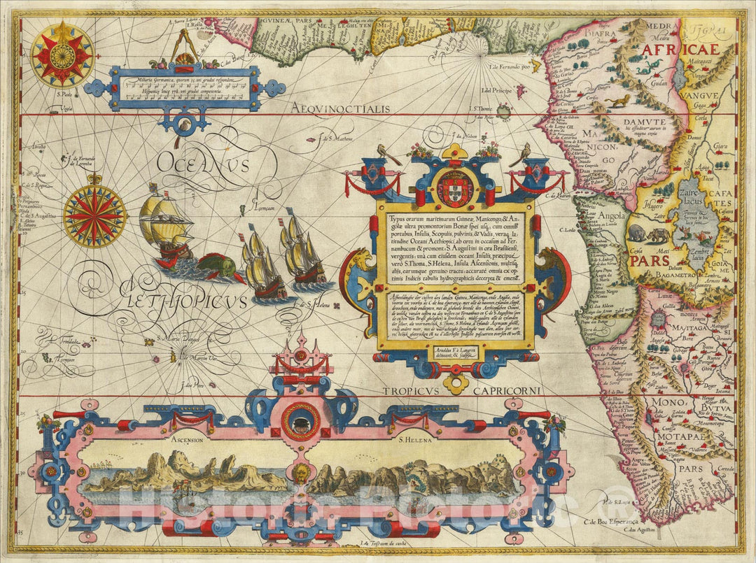 Historic Map : Typus orarum maritimarum Guineae, Manicongo and Angolae ultra Promentorium Bonae spei susq , c1596, Jan Huygen Van Linschoten, Vintage Wall Art