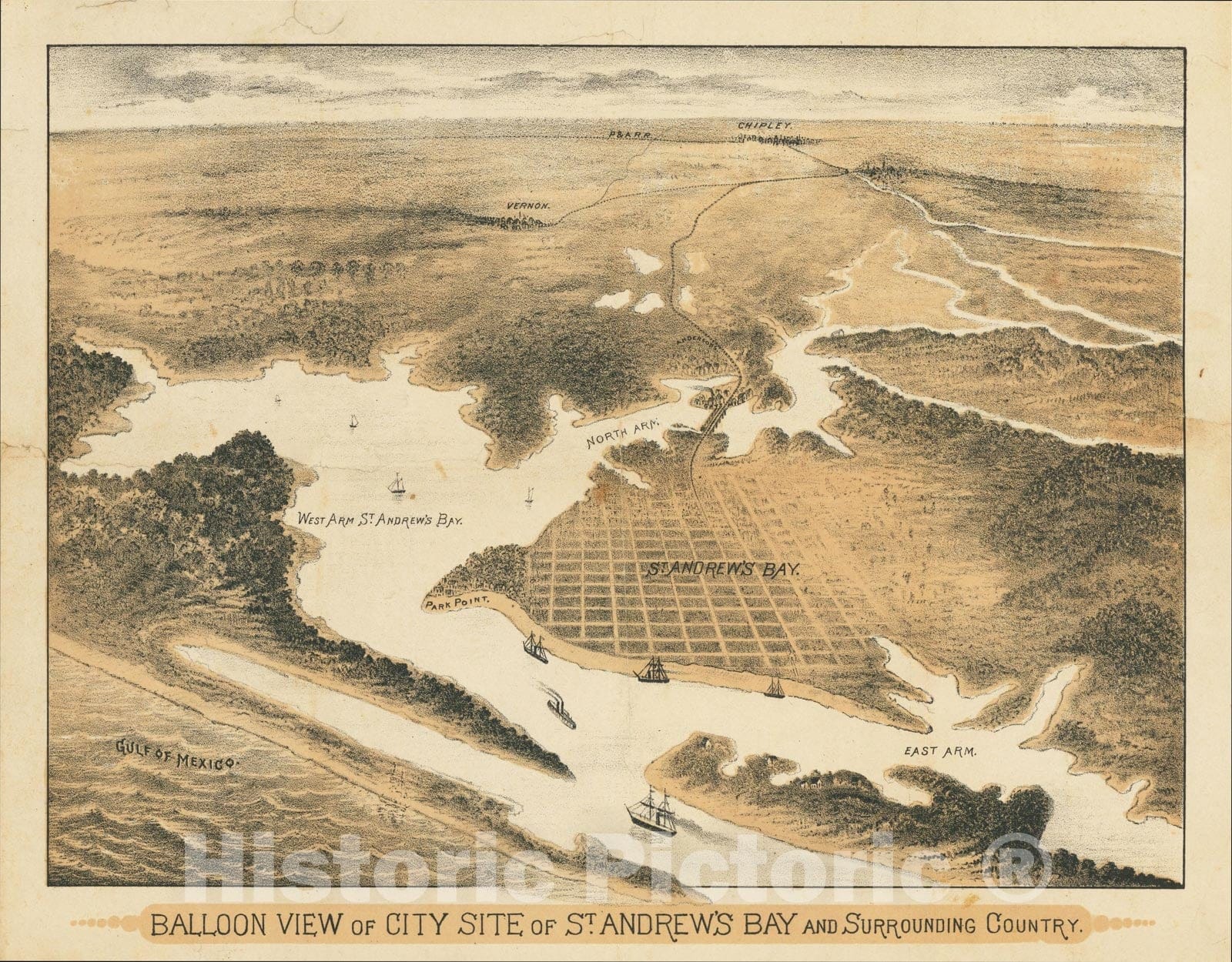 Historic Map : Balloon View of City Site of St. Andrew's Bay and Surrounding Country., 1885, Anonymous, Vintage Wall Art